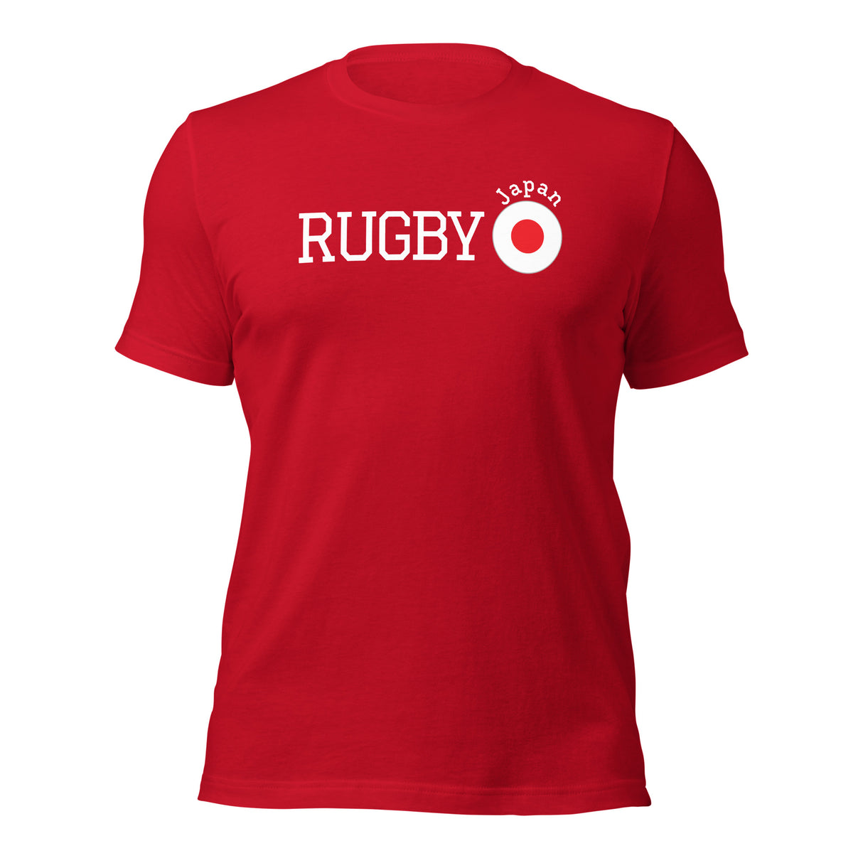 The PF LIC Rugby Japan Cotton T-shirt is a lightweight red tee featuring "RUGBY" and "Japan" elegantly placed next to a red circle on the front for ultimate comfort.