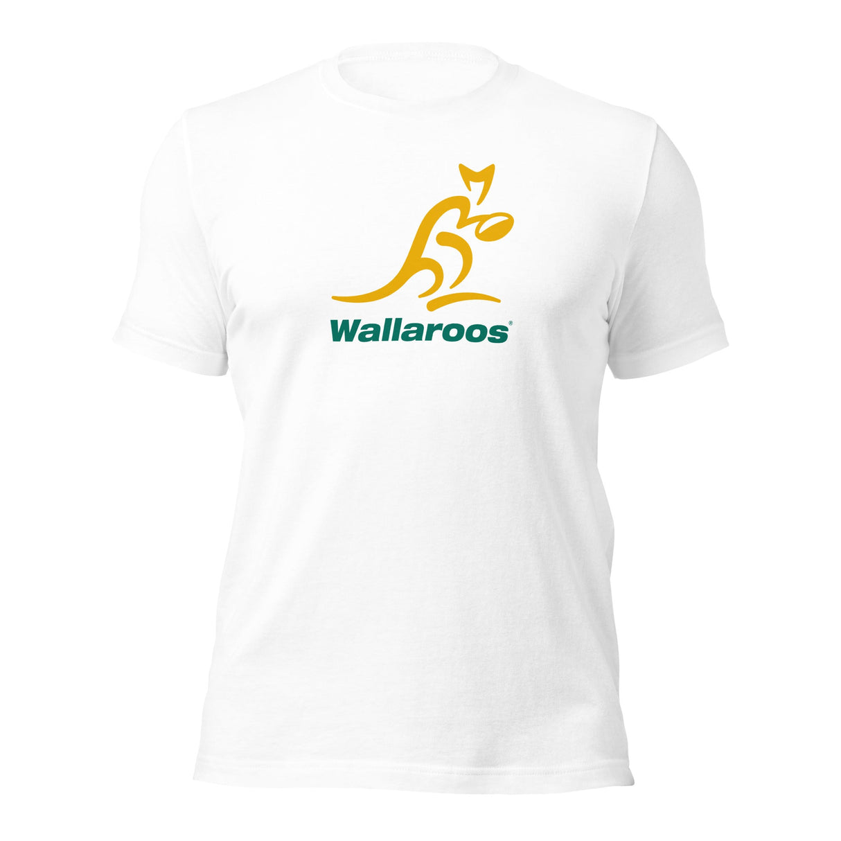 An Aussie Wallaroos Gold/Green Logo Tee with a kangaroo on it from PF LIC.