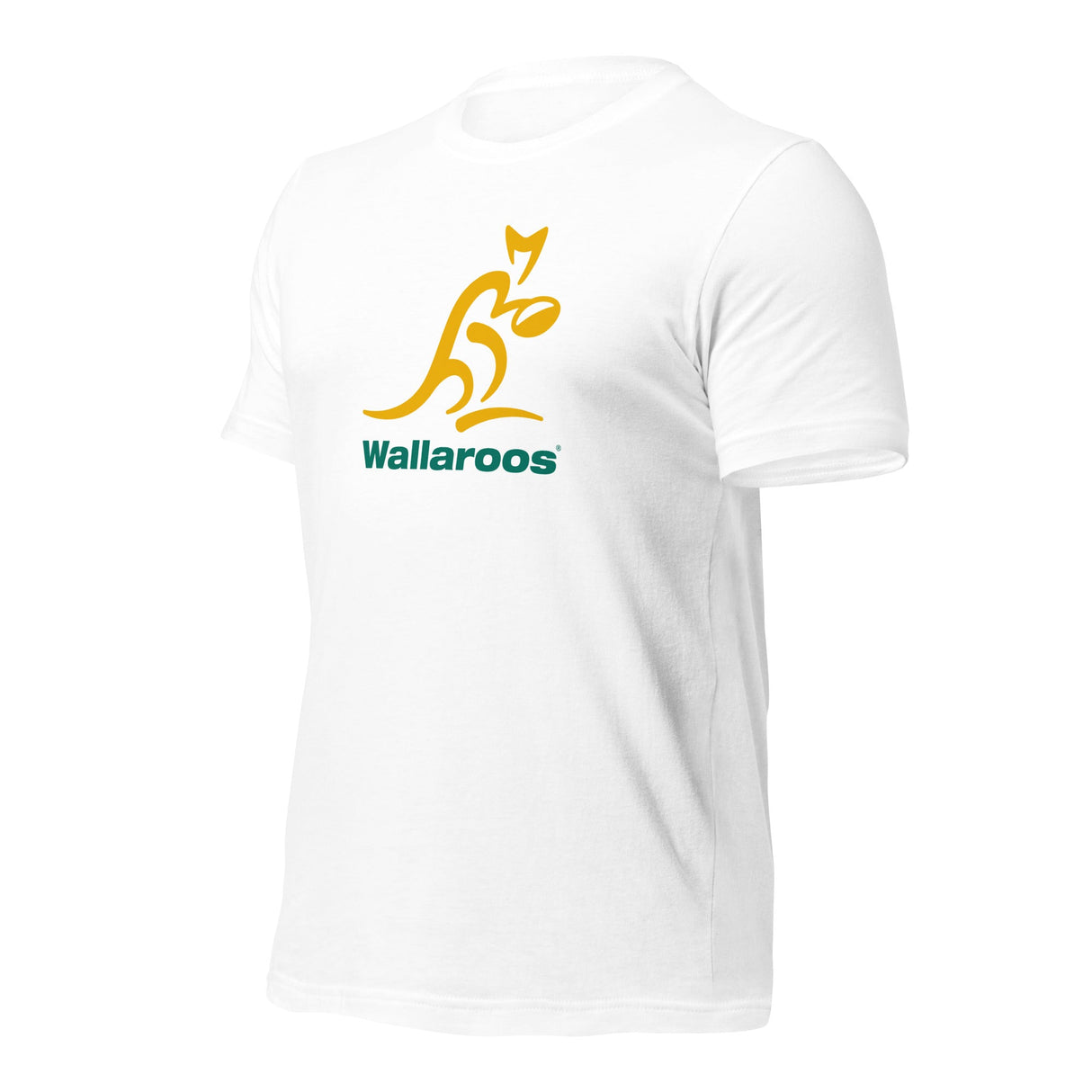 A Wallaroos Gold/Green Logo Tee with a kangaroo and Aussie rugby on it.