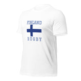 The PF LIC Finland Rugby Cotton T-Shirt showcases "Finland Rugby" with a bold blue cross on crisp white cotton.