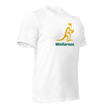 A white Wallaroos Gold/Green Logo Tee with a kangaroo and the Australia Wallaroos logo on it from the PF LIC brand.