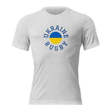 The super soft Ukraine Rugby Circle T-shirt by PF LIC features a vintage fitted look. This gray tee displays "Ukraine Rugby" in blue, surrounding a striking blue and yellow circle at the center.