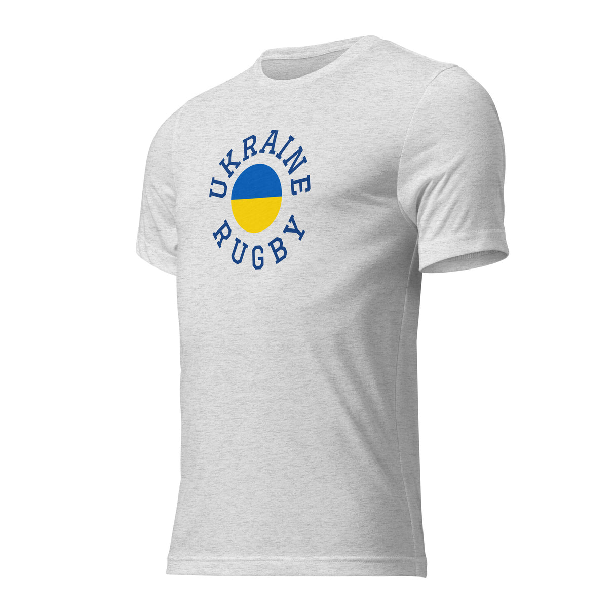 The PF LIC Ukraine Rugby Circle T-shirt is crafted from gray tri-blend fabric, featuring "Ukraine Rugby" and a Ukraine flag design on the front, offering a super soft feel.