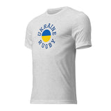 The PF LIC Ukraine Rugby Circle T-shirt is crafted from gray tri-blend fabric, featuring "Ukraine Rugby" and a Ukraine flag design on the front, offering a super soft feel.