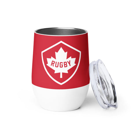 A PF LIC Rugby Canada Wine Tumbler with lid.