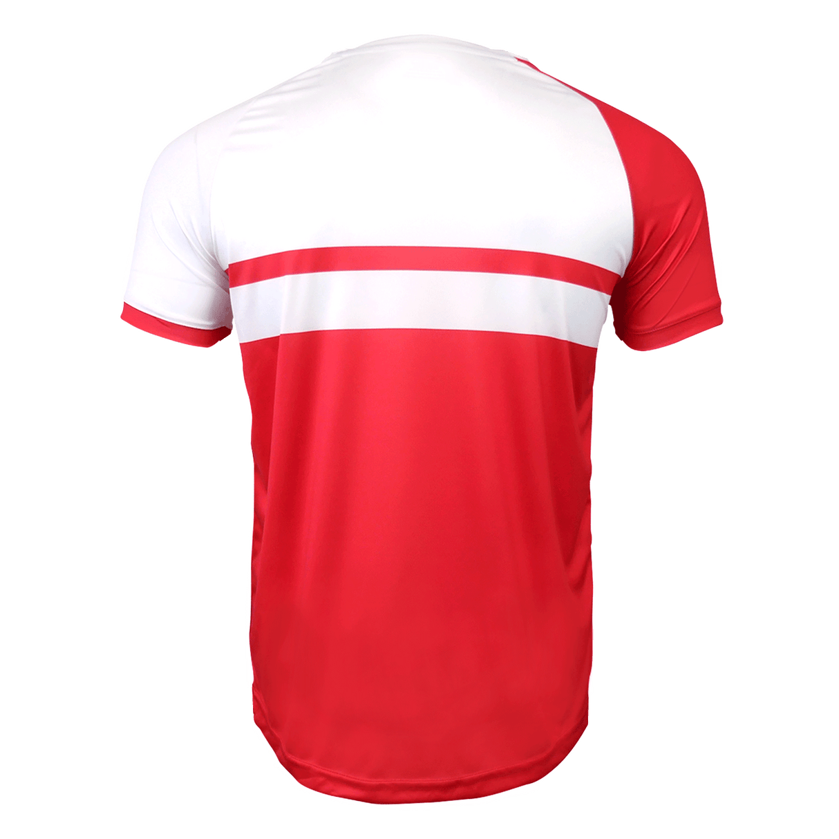 Back side of red and white jersey. Red right shoulder, white chest, red stripe in center and red torso.