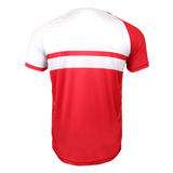 Back side of red and white jersey. Red right shoulder, white chest, red stripe in center and red torso.