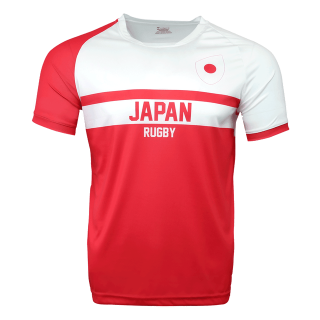 Round neck short sleeve jersey. Right sleeve red, white chest, Japan flag on chest, red stripe center of chest with Japan and Rugby underneath. Red torso.