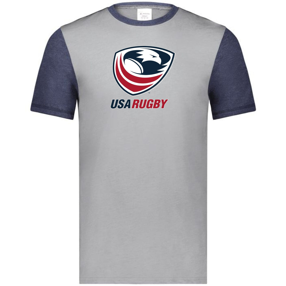 A grey and blue WRS Augusta USA Rugby Crest Gameday Ringer Tee.