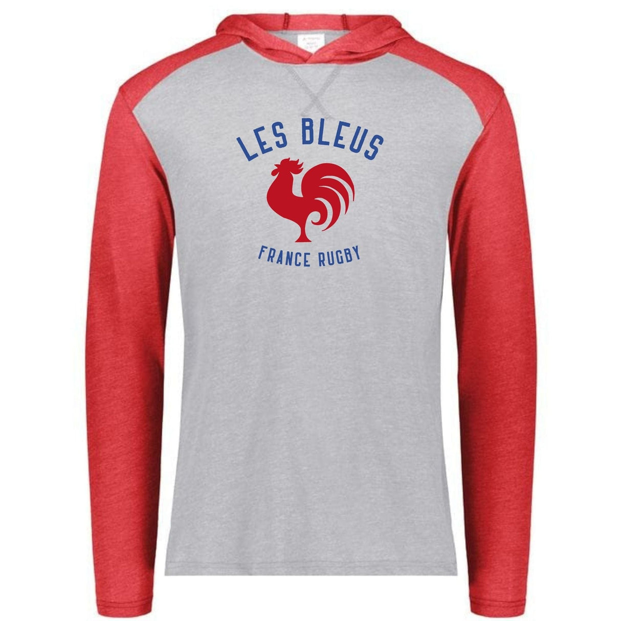 Hooded, long sleeve grey t-shirt with red sleeves and hood and a royal and red Les Bleus France Rugby design featuring a rooster.