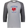 Grey 3/4 sleeve raglan shirt with carbon grey sleeves and collar and a blue and red Les Bleus France Rugby logo that features a rooster.