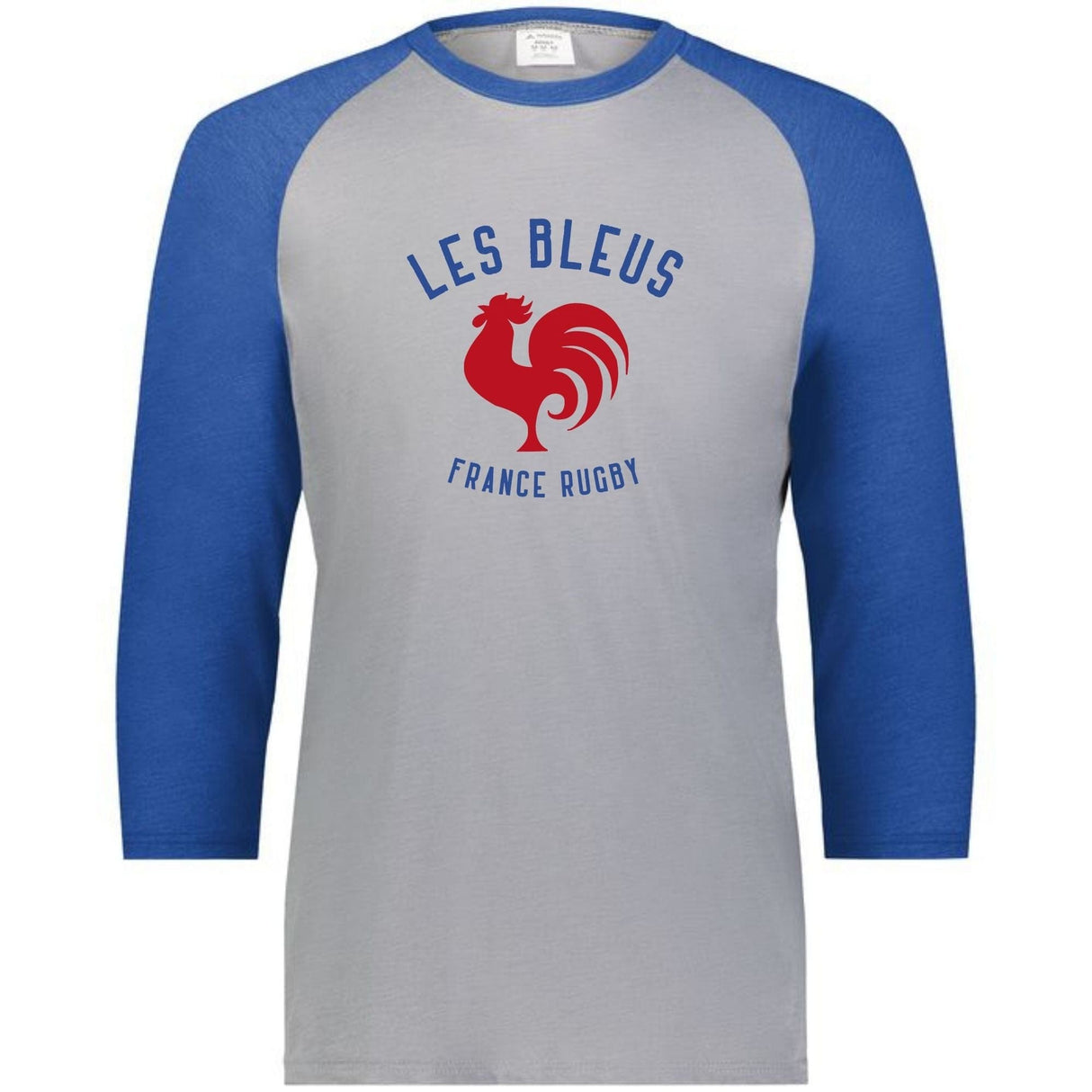 Grey 3/4 sleeve raglan shirt with royal blue sleeves and collar and a blue and red Les Bleus France Rugby logo that features a rooster.