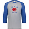 Grey 3/4 sleeve raglan shirt with royal blue sleeves and collar and a blue and red Les Bleus France Rugby logo that features a rooster.