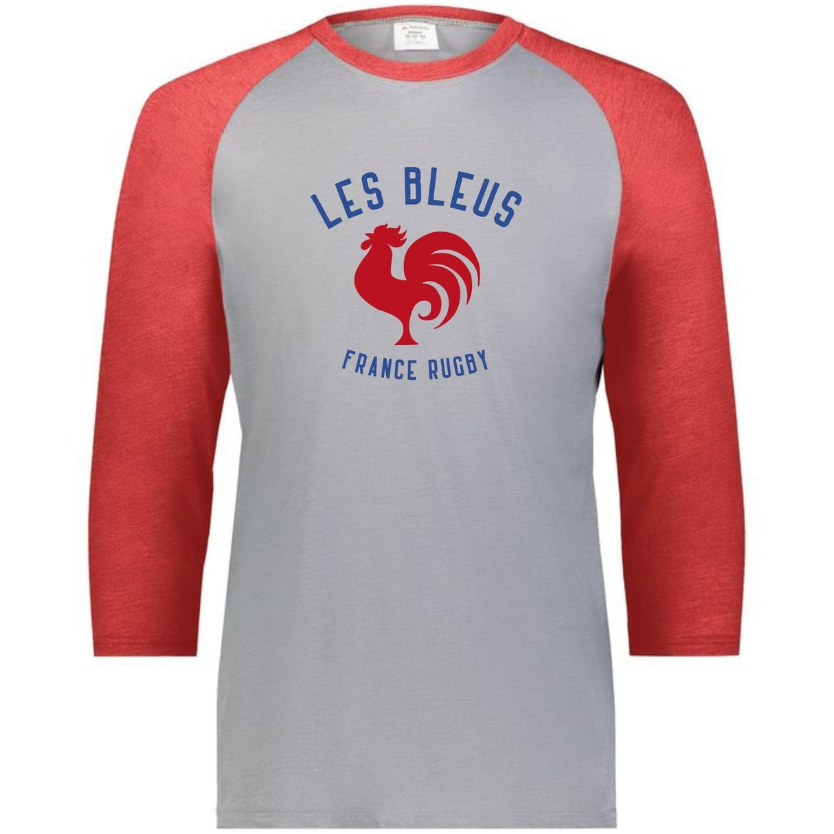 Grey 3/4 sleeve raglan shirt with red sleeves and collar and a blue and red Les Bleus France Rugby logo that features a rooster.