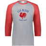 Grey 3/4 sleeve raglan shirt with red sleeves and collar and a blue and red Les Bleus France Rugby logo that features a rooster.