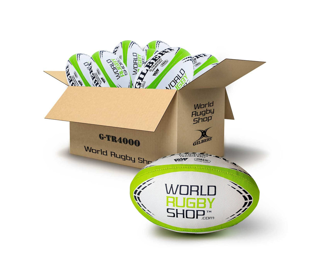 A Gilbert WRS G-TR4000 Rugby Training Ball BOX of 25 in a cardboard box.