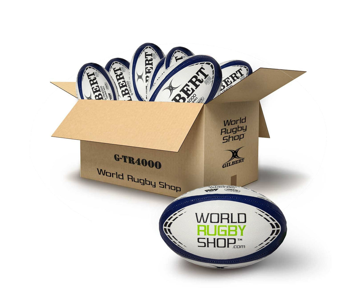 A Gilbert WRS G-TR4000 Rugby Training Ball BOX of 25 in a cardboard box next to another cardboard box of Gilbert WRS G-TR4000 Rugby Training Balls.