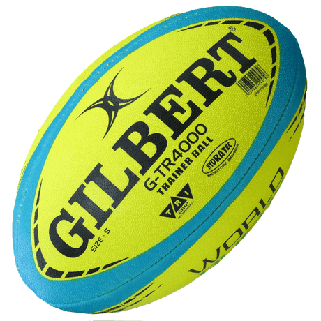 A yellow and blue Gilbert WRS G-TR4000 Training Ball with the word Gilbert on it.