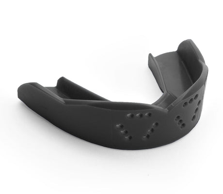 Black 2.0 mm thick mouth guard with built-in perforations