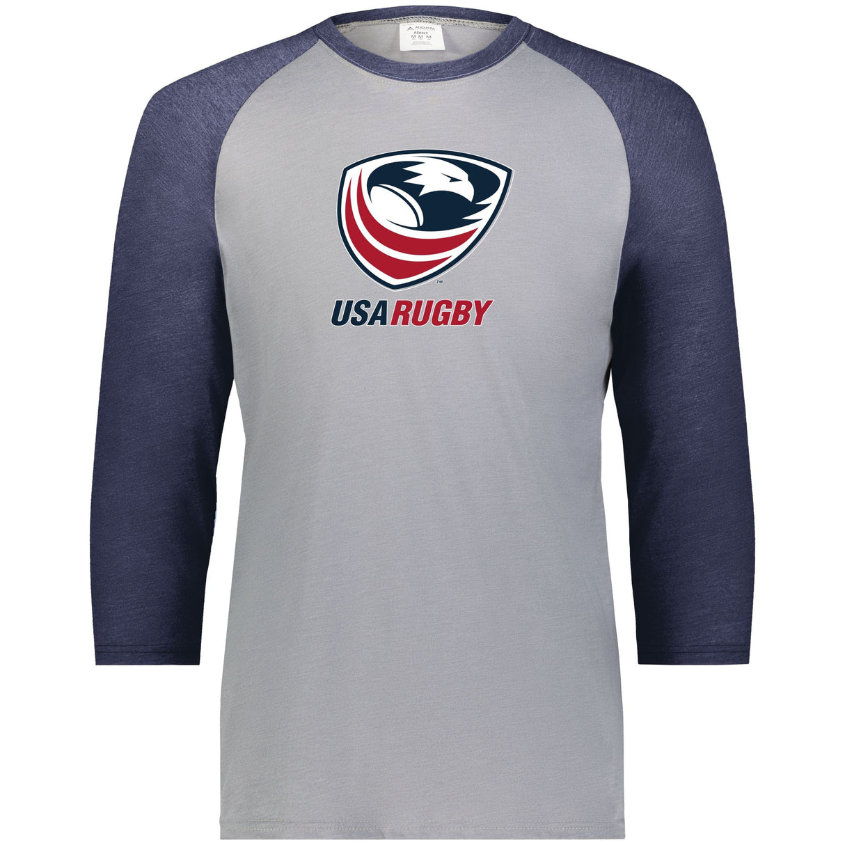 Light grey, raglan tee with navy, 3/4 sleeves and collar and a USAR logo center front.