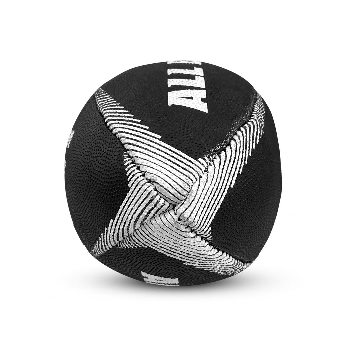 Black mini rugby ball with white feathering detail on edges depicting the silver fern leaf.