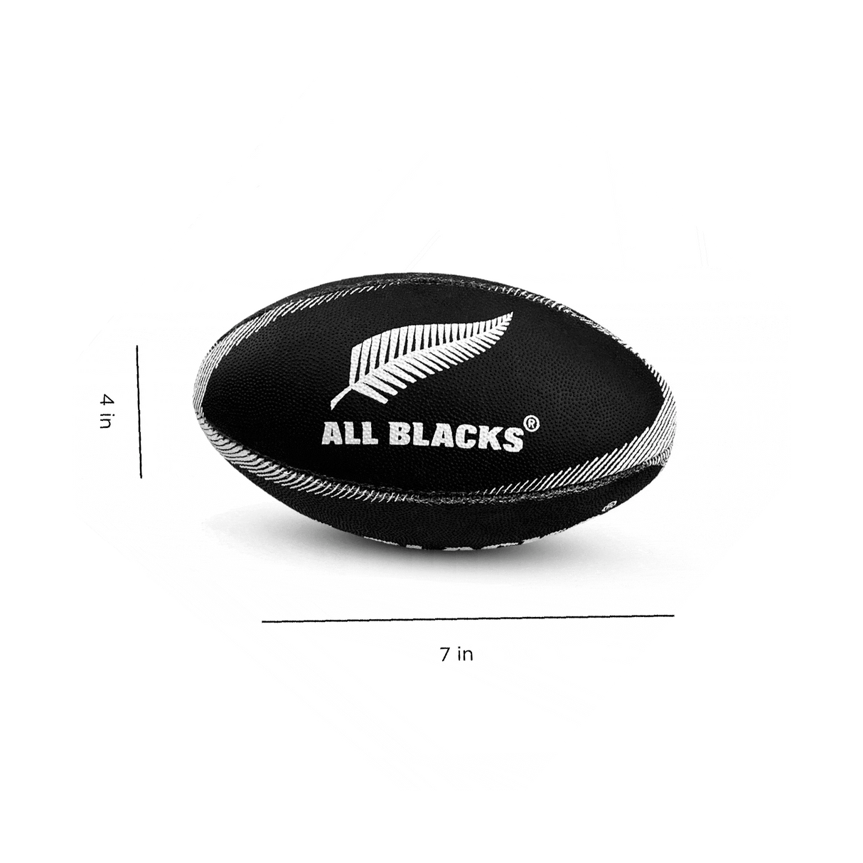 A black and white photo of a Gilbert All Blacks Supporters Rugby Ball (Mini).