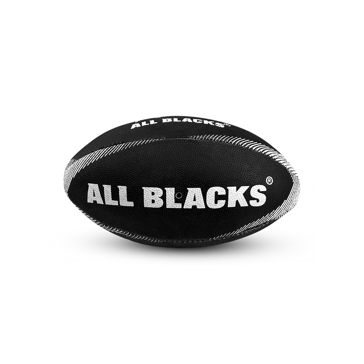 Black hand held mini rugby ball with All Blacks' name and edges depicting the leaf's feathering in white.