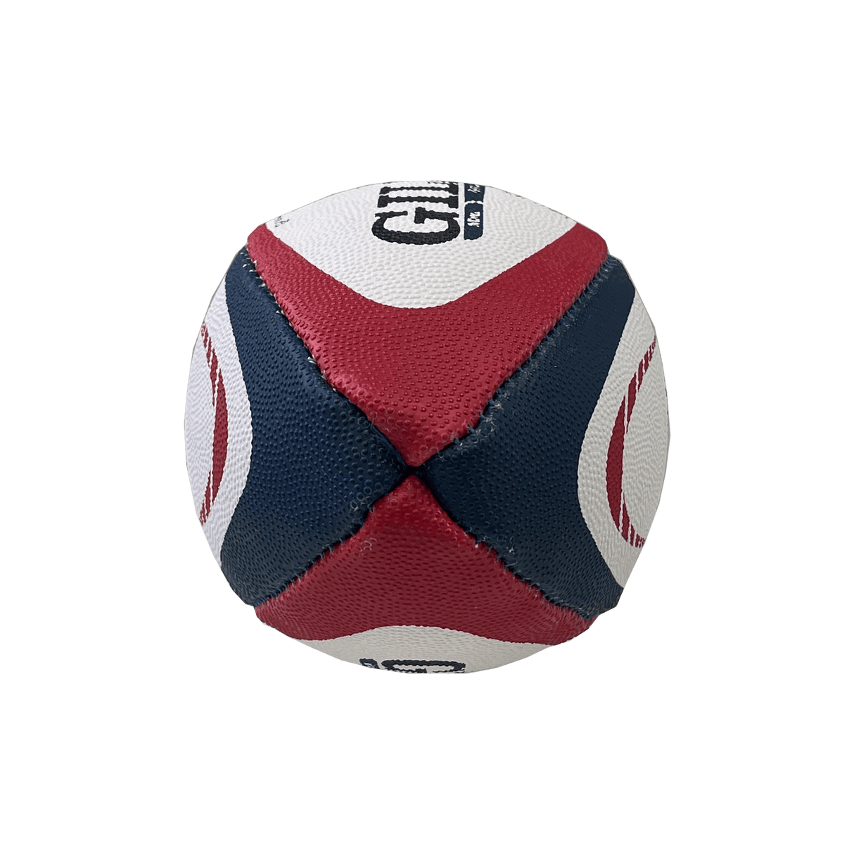 A close-up image of the USA Rugby Replica Mini Ball by Gilbert, showcasing its red, white, and blue leather design with black text and logo on a plain background, perfect for Eagles support.