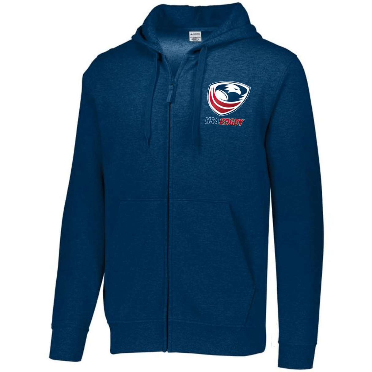 Blue long sleeve full zip hoodie with red, white and blue USA rugby logo on upper left chest.