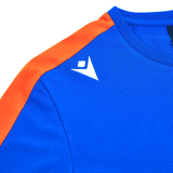 Detail of round neck and should with orange band on shoulder and white embroidered Macron symbol.