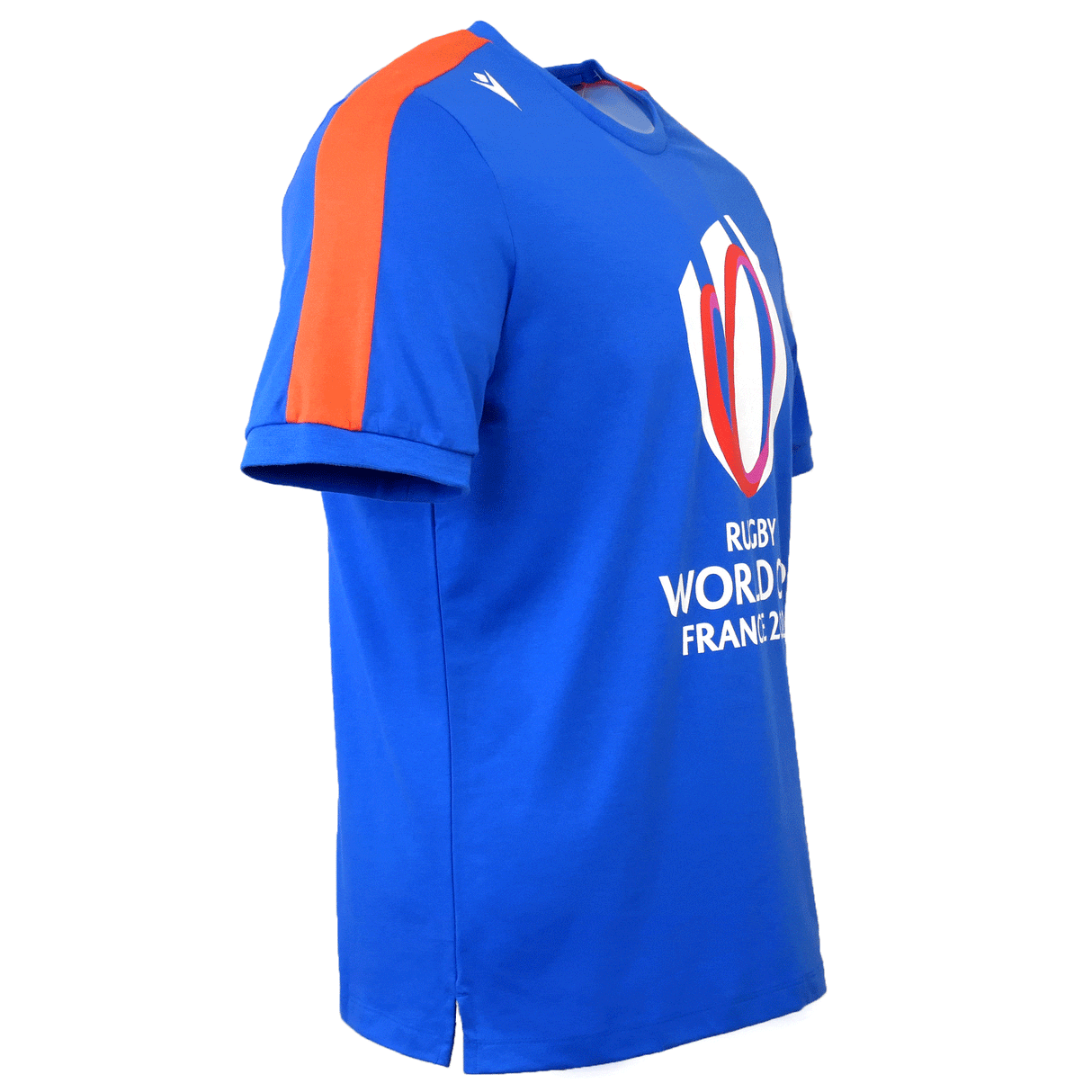 Right side view of royal cotton poly round neck short sleeve t-shirt with side slit. Orange band runs from shoulder to sleeve. Macron white symbol embroidered upper right shoulder and RWC France 2023 centered on chest.