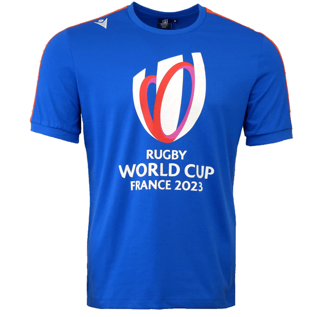 Royal blue round neck short sleeve cotton poly t-shirt with orange band from neck to sleeve. The Macron symbol is embroidered in white on right shoulder and RWC France 2023 is centered on chest of t-shirt.