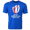 Royal blue round neck short sleeve cotton poly t-shirt with orange band from neck to sleeve. The Macron symbol is embroidered in white on right shoulder and RWC France 2023 is centered on chest of t-shirt.