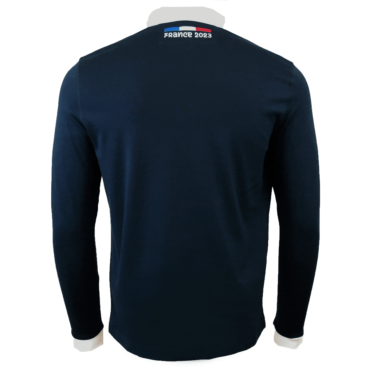 Back side of navy long sleeve polo with white collar and cuffs. Blue, white and red horizontal line France 2023 below collar. 