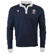 Navy white collar and cuff polo with white embroidered Macron symbol on upper right chest and Rugby World Cup France 2023 symbol embroidered on left upper chest.