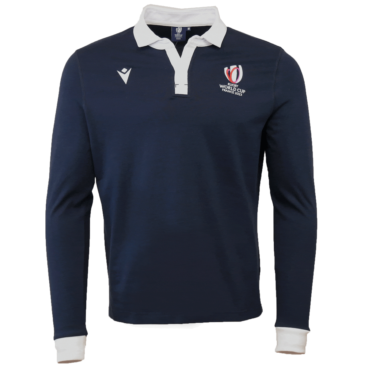 Navy white collar and cuff polo with white embroidered Macron symbol on upper right chest and Rugby World Cup France 2023 symbol embroidered on left upper chest.