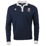 Navy white collar and cuff polo with white embroidered Macron symbol on upper right chest and Rugby World Cup France 2023 symbol embroidered on left upper chest.