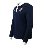 Side view of navy long sleeve white collar and cuff polo. White embroidered Macron symbol on upper right chest and Rugby World Cup France 2023 on upper left chest.