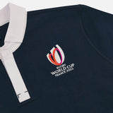 Detail of white collar and Ruby World Cup France 2023 on navy cotton polo.