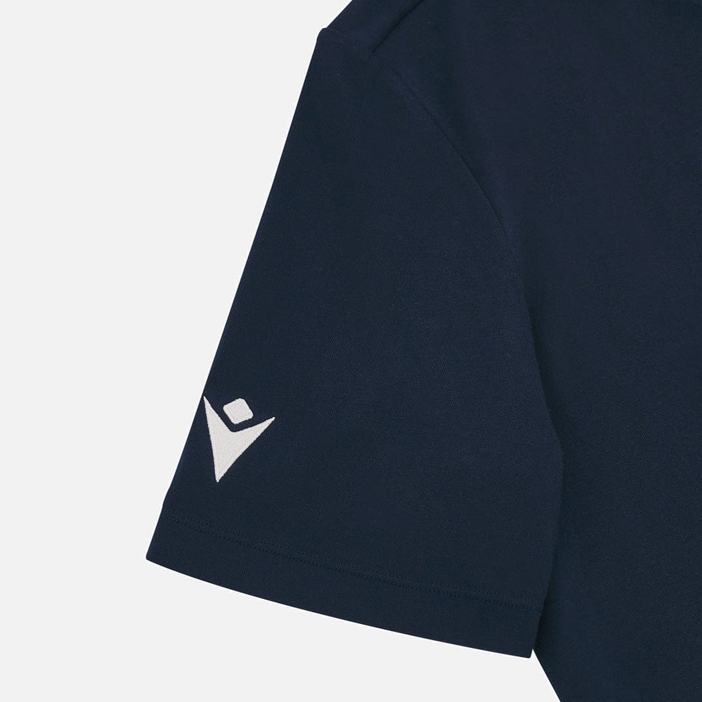 Navy shoulder with white embroidered Macron logo.