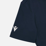 Navy shoulder with white embroidered Macron logo.