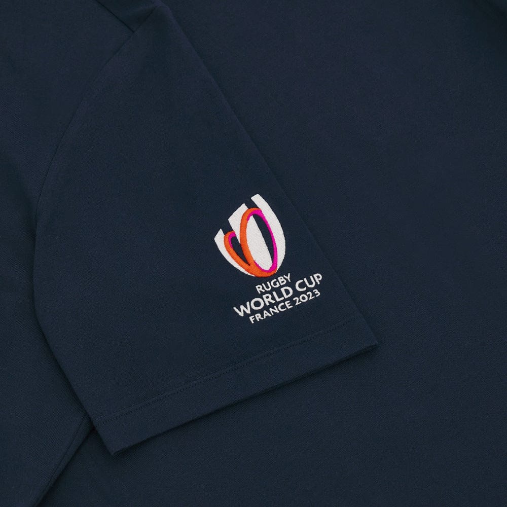 Navy t-shirt short sleeve shoulder detail of embroidered white, pink, orange Rugby World Cup France 2023 logo.