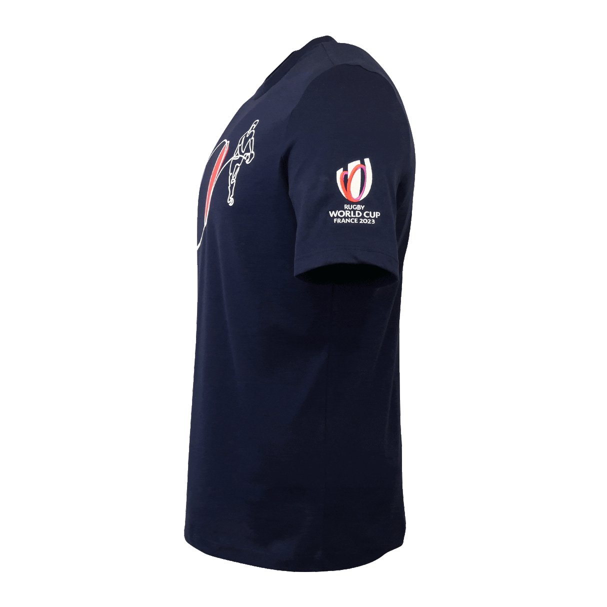 Left side of navy round neck short sleeve t-shirt. Sleeve has embroidered white, pink, orange world cup loops and Rugby World Cup France 2023 below.