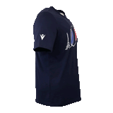 Right side of navy round neck short sleeve t-shirt with white embroidered Macron symbol on the sleeve.