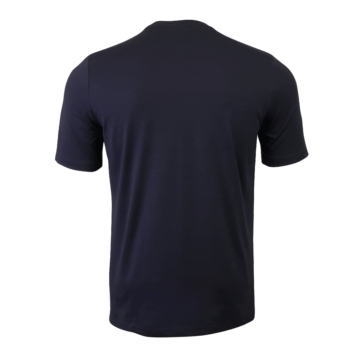 Back of navy round neck short sleeve t-shirt.