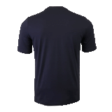 Back of navy round neck short sleeve t-shirt.