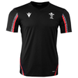 macron wales rugby training shirt in black with white hero logo and wales wrs logo on the chest