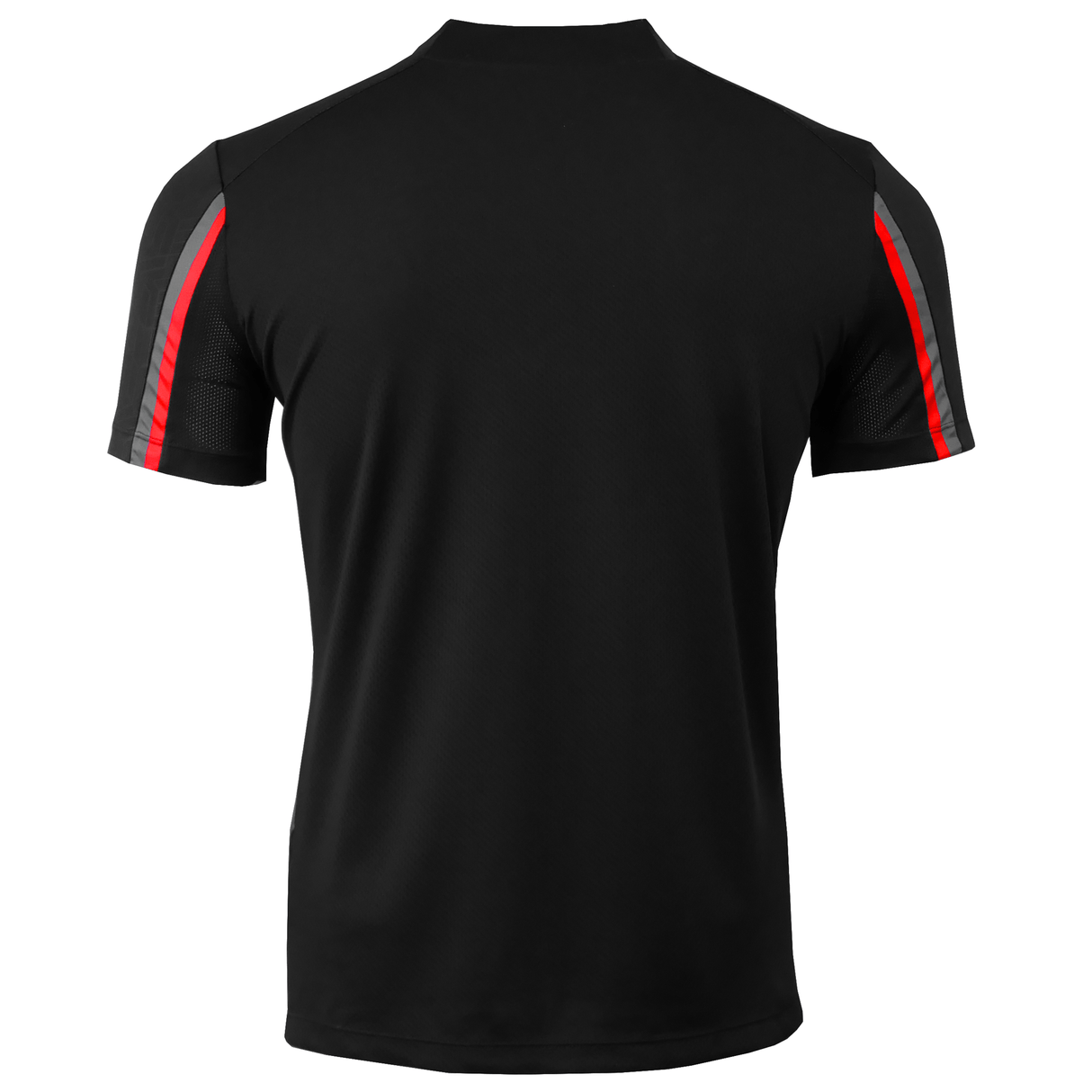 back of wales rugby training shirt black with red and gray stripes on the sleeves