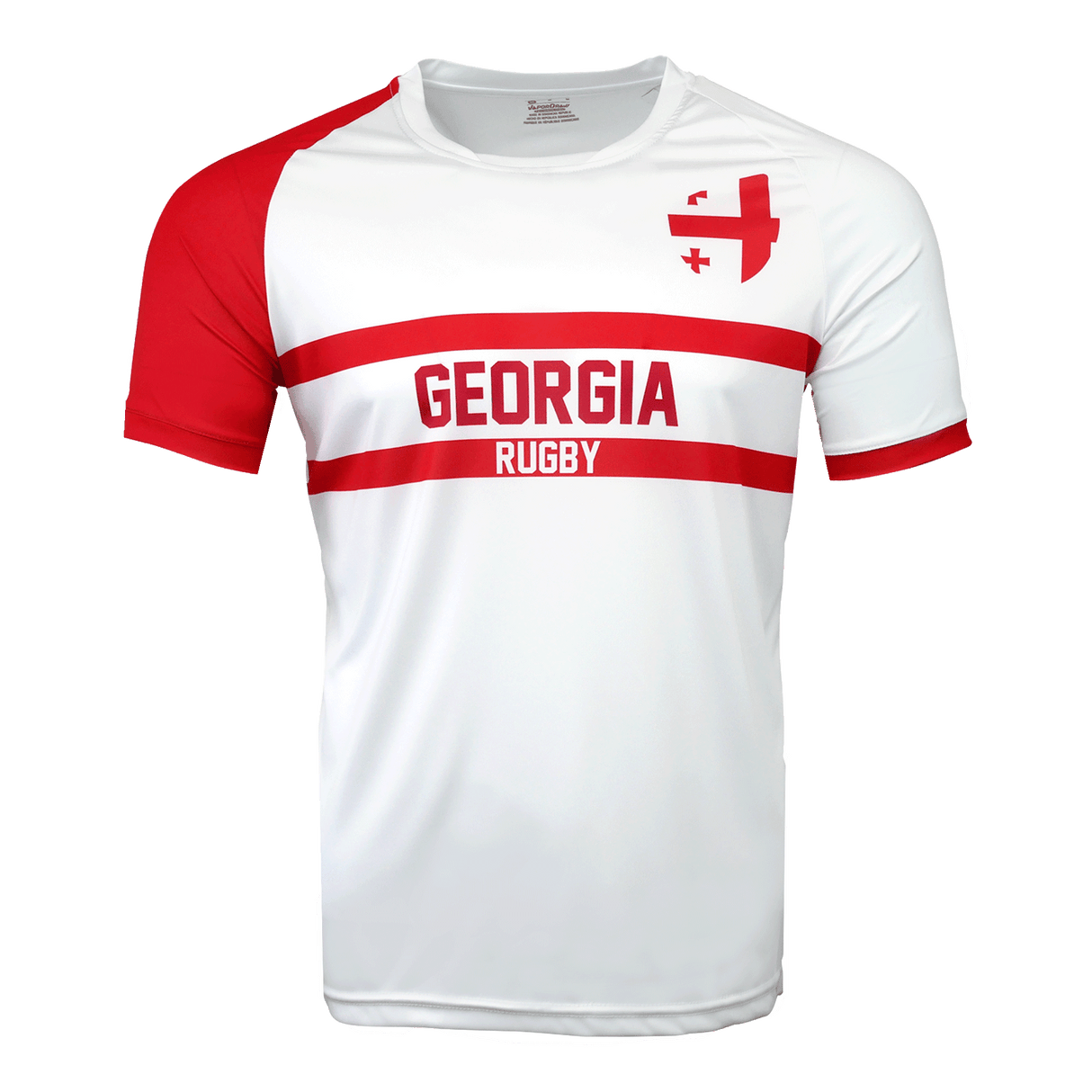 Nation of Rugby Georgia shirt in red and white front has flag crest on the chest