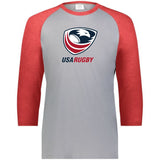 Light grey, raglan tee with red, 3/4 sleeves and collar and a USAR logo center front.